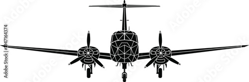 Stylized front view silhouette of twin‑engine propeller aircraft with geometric artistic design, showing fuselage, wings, propellers, stabilizers, and modern aviation illustration details.