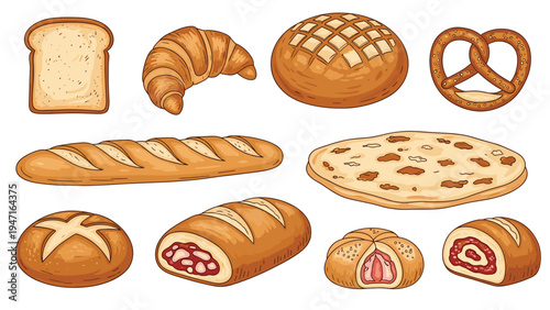 Selection of various bakery products includes bread loaves, a croissant, a pretzel, and filled rolls in a detailed drawing.