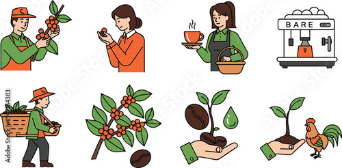 Coffee Farming and Barista Process Set with Coffee Plant, Harvesting Farmer, Roasted Beans, Seedling and Espresso Machine Vector Illustration