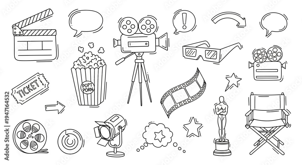 Fototapeta premium Hand Drawn Cinema and Movie Production Elements Set
