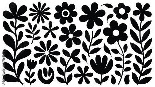 Vintage floral and foliage pattern with black silhouettes on white background