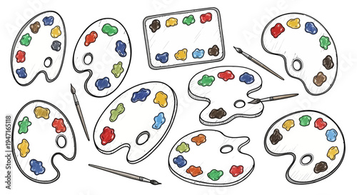 Hand Drawn Artist Paint Palettes and Brushes Collection