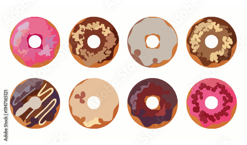 Colorful cartoon donuts vector set with sweet glaze sprinkles cranberry blueberry toppings isolated on white