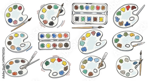 Hand Drawn Artist Paint Palettes and Watercolor Sets Collection