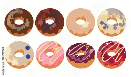 Assorted sweet donuts cartoon vector collection with glaze sprinkles oatmeal cranberry blueberry toppings
