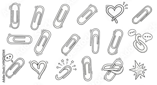 Set of Hand Drawn Doodle Paperclips and Office Stationery Elements
