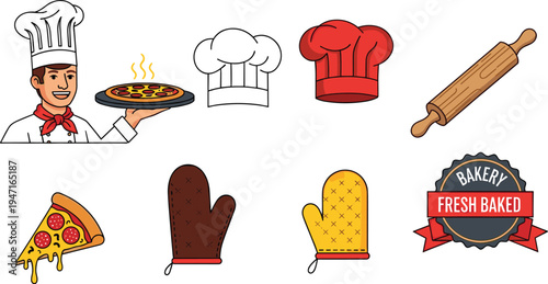 Pizza Chef and Bakery Cooking Icon Set with Chef Hat, Rolling Pin, Oven Mitts and Fresh Baked Label Vector Illustration