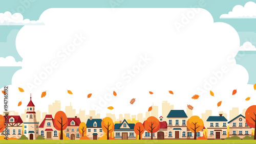 Autumn town landscape with orange trees and falling leaves serves as a border for a large white cloud-shaped text area.