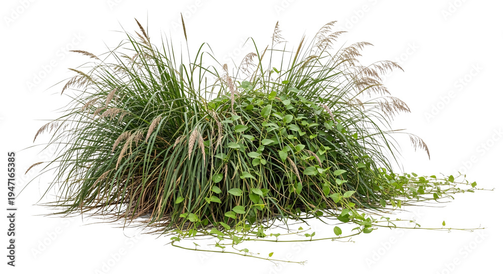 Fototapeta premium Large bushy grass with climbing plants on transparent background