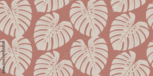 Beige monstera leaves pattern on dusty rose background
