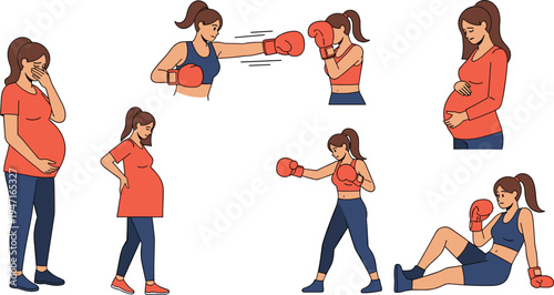 Pregnant Woman Fitness and Maternity Exercise Set with Boxing Workout, Pregnancy Stages and Active Healthy Lifestyle Vector Illustration