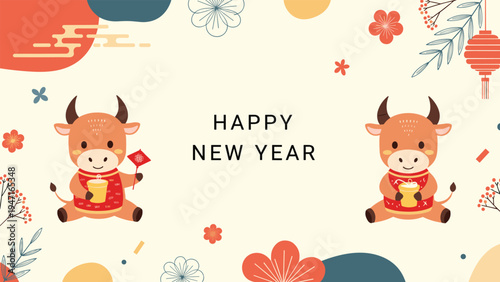 Festive New Year greeting card features two cute brown bulls wearing red vests and holding gold cups on a decorated background.