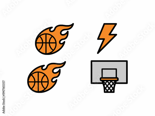 Basketball Fireball Lightning and Hoop Icon Set