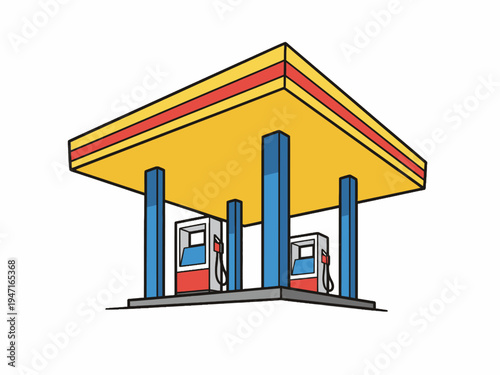 Petrol station illustration with fuel pumps and yellow canopy