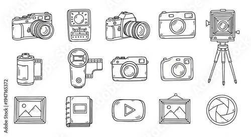 Hand Drawn Photography Equipment and Camera Icons Set