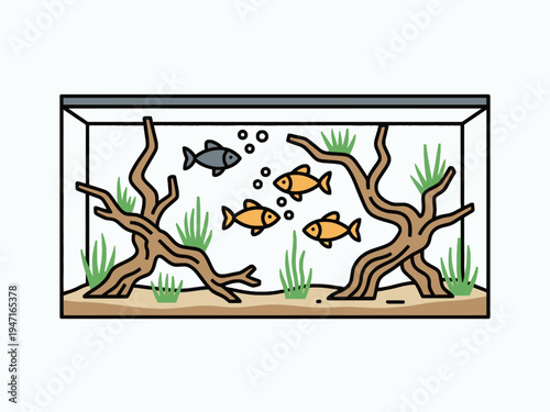 Fish Tank with Colorful Fish and Aquatic Plants Illustration