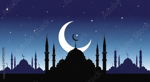 A stunning night silhouette of the historic Sultanahmet Blue Mosque in Istanbul, Turkey, featuring iconic domes and minarets against a dark sky, perfect for religious tourism and Ramadan travel