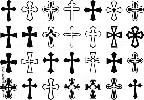 Collection of black and white religious cross symbols icons set isolated on transparent background for design
