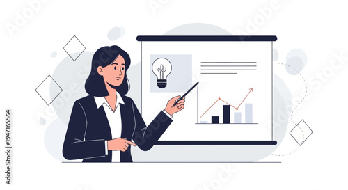 Businesswoman presenting growth chart and idea lightbulb on a whiteboard