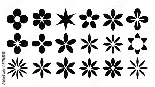 Varied geometric flower and star patterns in black and white illustration style