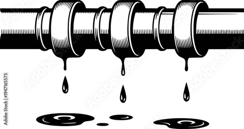 Black and white of a leaking pipe with dripping water and puddles below plumbing