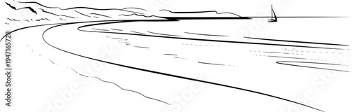 Minimalist black ink of a curved coastline with distant mountains and a lone sailboat the water