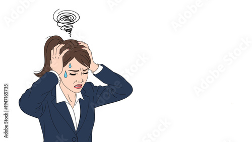 Businesswoman in a suit suffering from a severe headache or stress with a swirling confusion symbol above her head.