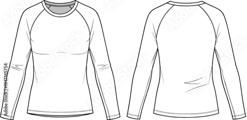 Blank Raglan Long Sleeve T-shirt Template: Front and Back View for Apparel Mockup, Sportswear, and Fashion Design Vectors