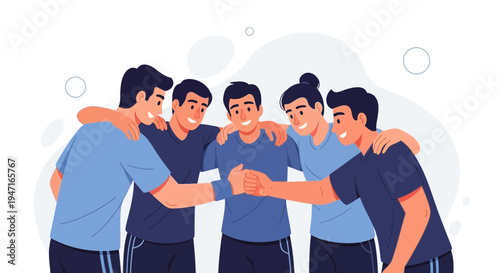 Diverse friends group hugging, fist bump, teamwork, unity, happiness, flat design illustration