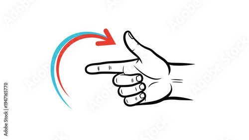 Line drawing of a hand with index finger pointing forward and a red and blue curved arrow showing rotation or movement.
