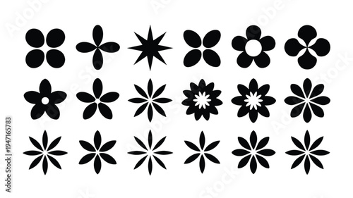 Variations of symmetrical star and flower geometric patterns in black and white
