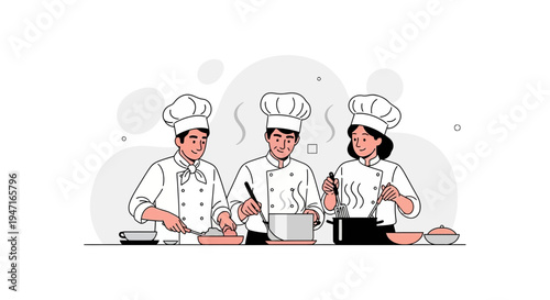 Three chefs in uniform cooking together in a kitchen, illustration