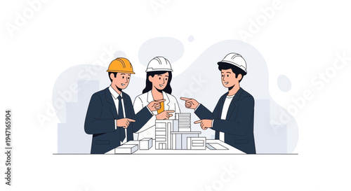 Architects Discussing Building Model, Teamwork in Construction Project