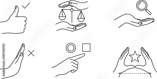 Symbolic hand gesture illustration set, justice approval protection icon pack, communication artwork collection