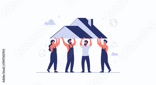 Teamwork carrying house roof, construction, home building, cooperation, real estate concept