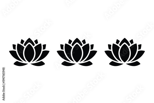 Three stylized black lotus flowers arranged in a horizontal line