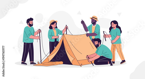 Diverse group of people setting up a tent for camping adventure