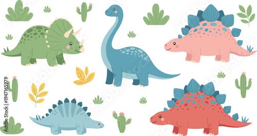  Adorable cartoon dinosaur collection: triceratops, brontosaurus, and stegosaurus characters with playful jungle plants, perfect for children's designs.