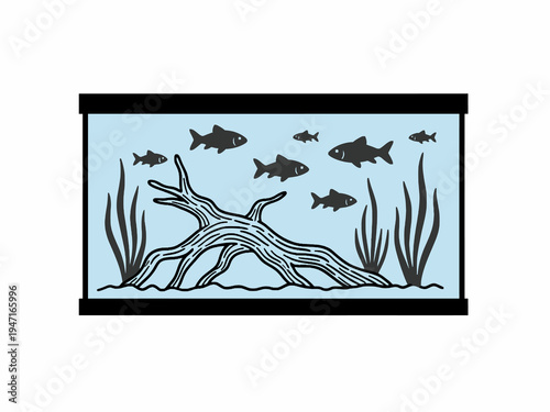 Fish tank aquarium illustration with swimming fish and driftwood