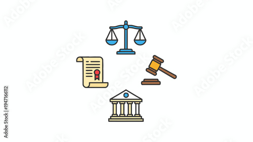 Law and Justice Icon Set with Gavel Scales and Courthouse