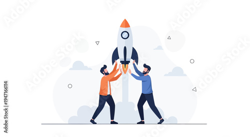 Teamwork launching rocket, business startup concept, successful project launch, teamwork and innovation