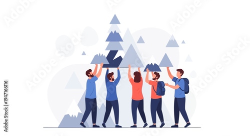Teamwork concept: people holding up abstract mountains, symbolizing support and collaboration