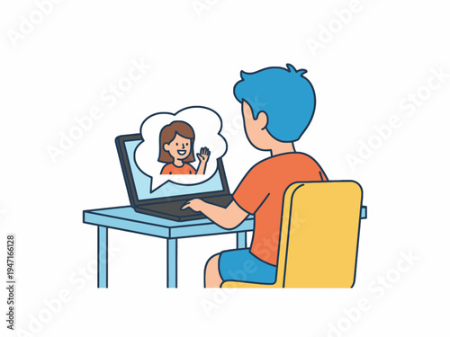Boy using laptop for video call with girl on white background
