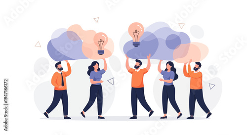 Teamwork Idea Generation: People Holding Lightbulb Clouds for Innovation and Collaboration