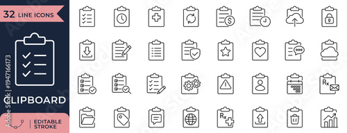 Quality Assurance Audit and Medical EHR Compliance Clipboard Line Icon Set
