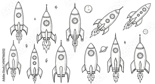 Set of Hand Drawn Rocket Ships and Space Elements