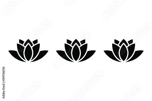 Three stylized black lotus flowers arranged horizontally in minimalist design