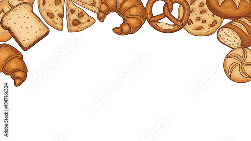 Top border made of various baked goods including bread slices, croissants, pretzels, and buns on a white background.