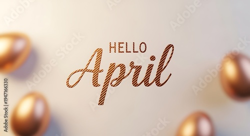 Elegant Hello April Greeting Design Featuring Gold Metallic Ornaments and Soft Background