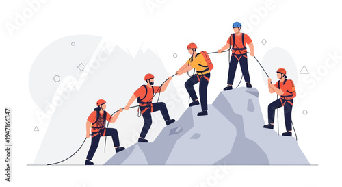 Teamwork climbing mountain, helping each other reach summit, success, adventure, support